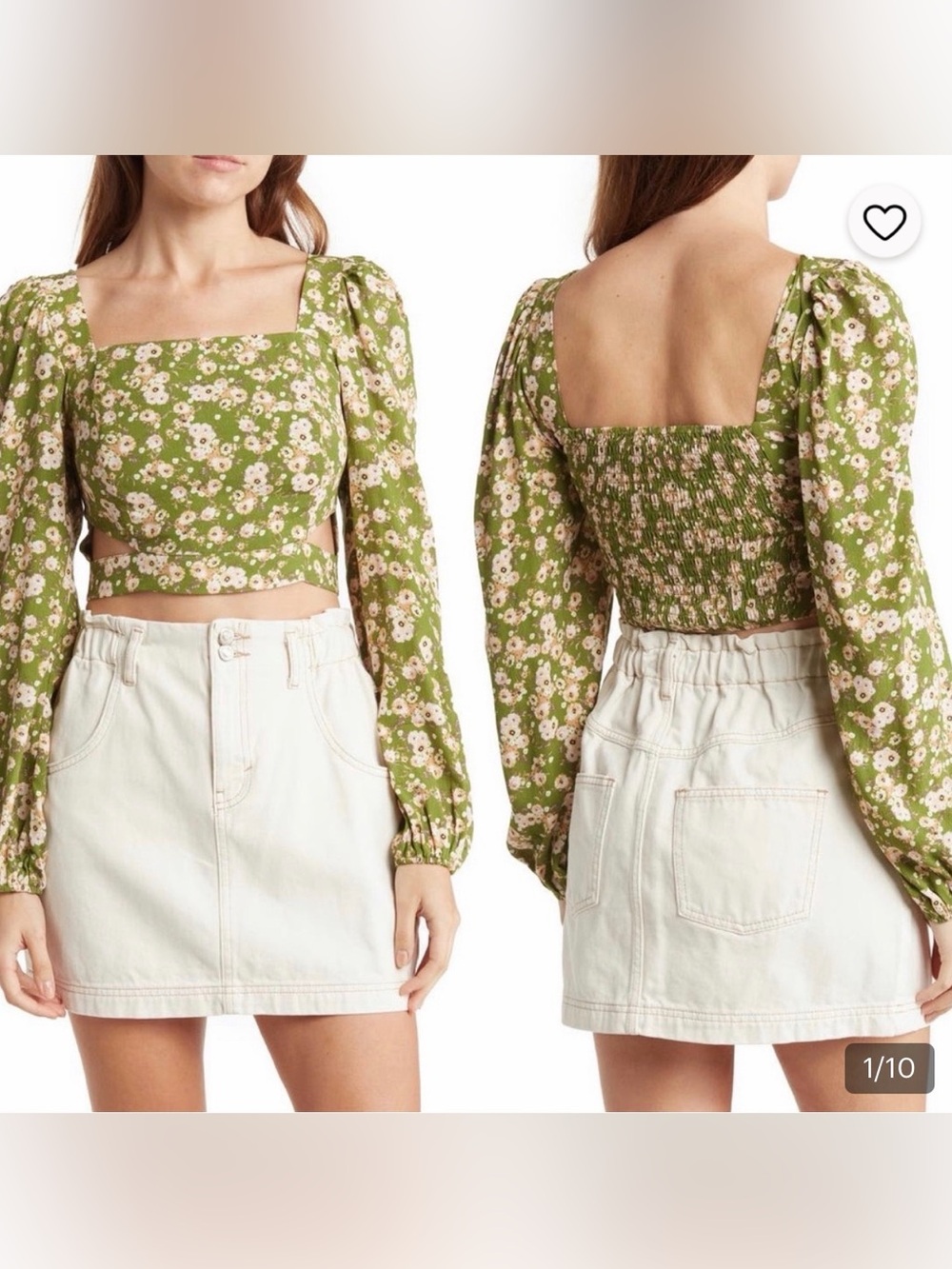 NWT, Size M,Elodie Green & Floral Long Sleeve Crop Top w/ Waist Cutouts.
